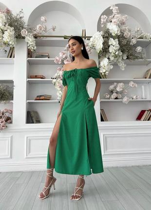 Сукня жіноча довжини міді, з коротким рукавом-ліхтариком, літнє, весняне, у горошок зелене4 фото