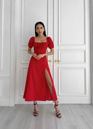 Платье женское длины миди, с коротким рукавом - фонариком, летнее, весеннее, в горошек красное3 фото