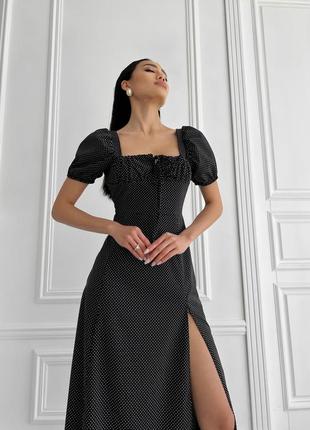 Платье женское длины миди, с коротким рукавом - фонариком, летнее, весеннее, в горошек, черное2 фото