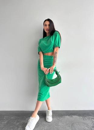 Костюм женский (юбка+кофта) двунитка 42-46 зеленый, серый, бежевый8 фото