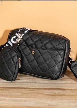 Сучасна жіноча чорна сумка + гаманець через плече з екошкіри, ...2 фото