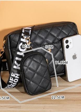 Сучасна жіноча чорна сумка + гаманець через плече з екошкіри, ...3 фото
