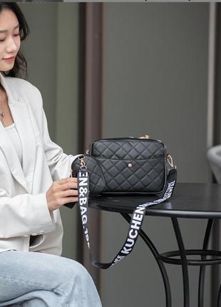 Сучасна жіноча чорна сумка + гаманець через плече з екошкіри, ...6 фото