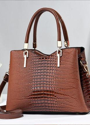 Лакова сумка жіноча через плече коричнева під рептилію, якісна...2 фото