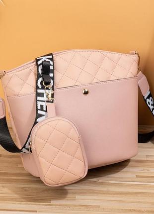 Жіноча сумочка+ гаманець на ремені пудра з екошкіри стильна су...1 фото