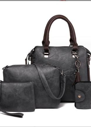 Стильна сумка жіноча еко шкіра темно-сіра комплект2 фото