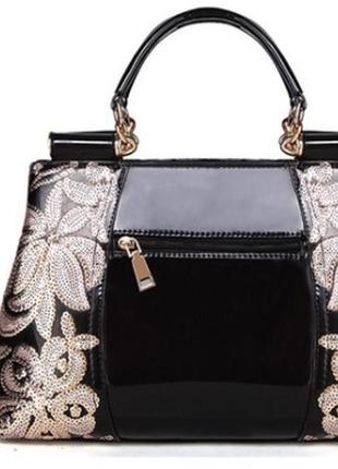 Трендова,модна сумка жіноча лакова екошкіра чорний з вишивкою ...4 фото