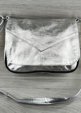 Оригінальна жіноча сумка крос-боді, срібляста натуральна шкіра...