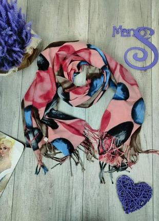 Женский палантин шарф с бахромой тёплый розовый с принтом 180х70 см