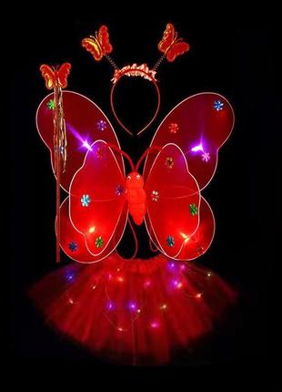 Карнавальный наряд крылья с юбкой светящийся бабочка 9072 красный