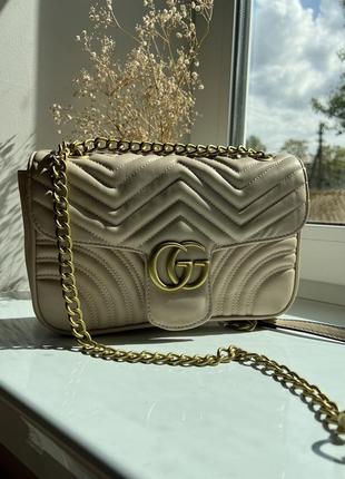 Женская сумка из эко-кожи gucci marmont big гуччи бежевая молодежная, брендовая сумка через плечо