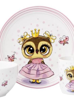 Набір дитячого посуду ardesto princess owl, 3 предмети, порцеляна