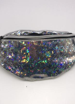 Женская голографическая блестящая детская бананка "блеск2" поясная сумка серебряная