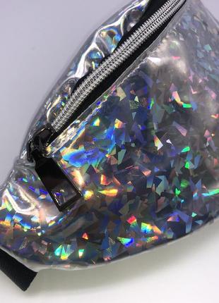 Женская голографическая блестящая детская бананка "блеск2" поясная сумка серебряная