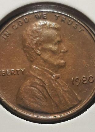 Монета сша 1 цент, 1980 року, lincoln cent, без мітки монетного двору