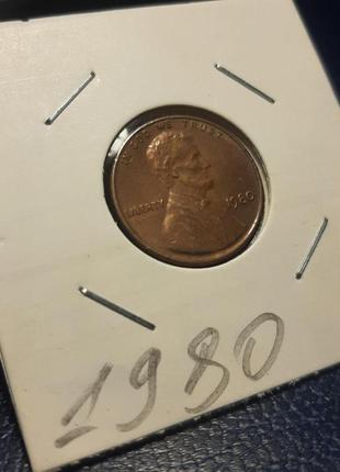 Монета сша 1 цент, 1980 року, lincoln cent, без мітки монетного двору3 фото