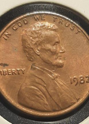 Монета сша 1 цент, 1982 року, lincoln cent, без мітки монетного двору