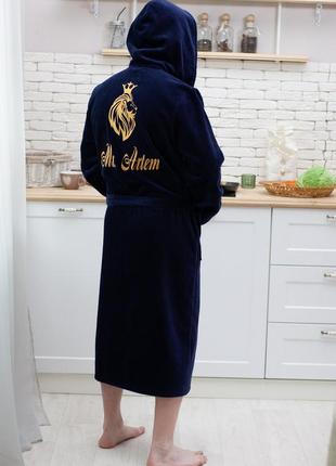 Мужской халат из премиум махры велюр с именной вышивкой, мужской длинный халат с капюшоном2 фото