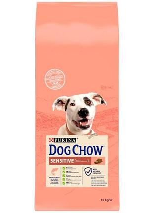 Dog chow sensitive adult 1+ сухий корм для собак із чутливим травленням з лососем — 14 кг