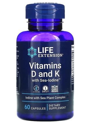 Life extension, вітаміни d та к з йодом sea-iodine, 60 капсул