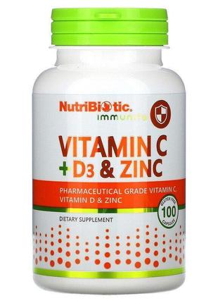 Nutribiotic, immunity, вітаміни c+d3 та цинк, 100 капсул