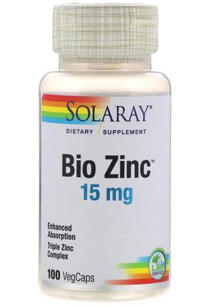 Цинк, bio zinc, 15 мг, 100 рослинних капсул, solaray