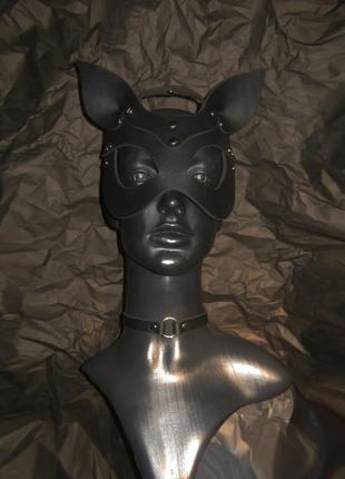 Маска +чокер з щільної натуральної шкіри . маска кішки, маска кролика, маска чертовка