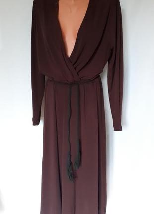 Креповое платье миди а -силуэта сливово- коричневого цвета h&m (размер 12-14)2 фото