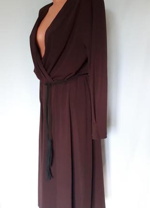 Креповое платье миди а -силуэта сливово- коричневого цвета h&m (размер 12-14)7 фото