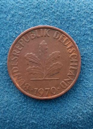 Монета германия 1 пфенниг, 1970 года,  мітка монетного двору "f" - штутгарт1 фото