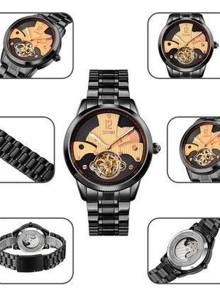 Чоловічий годинник скелетон skmei 9205 механічні (чорні з роже...2 фото