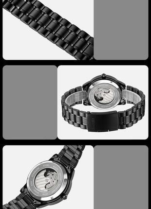 Чоловічий годинник скелетон skmei 9205 механічні (чорні з роже...7 фото