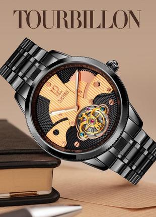 Чоловічий годинник скелетон skmei 9205 механічні (чорні з роже...10 фото