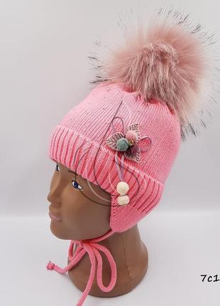 Зимняя шапка, шапочка детская теплая, розовая вязанная2 фото