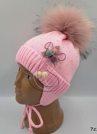Теплая зимняя шапка пудра, вязанная шапочка на флисе, детская шапочка для девочки2 фото