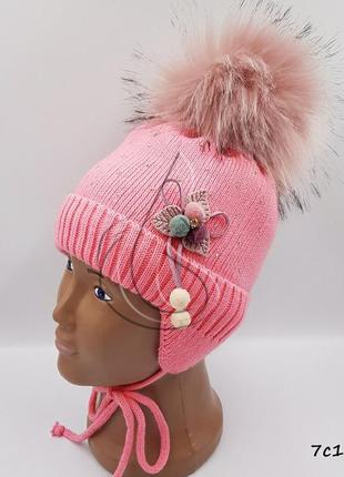 Теплая зимняя шапка пудра, вязанная шапочка на флисе, детская шапочка для девочки3 фото