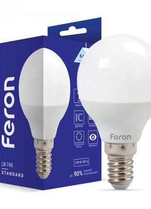 Світлодіодна лампа feron lb-745 6w e14 6400k куля
