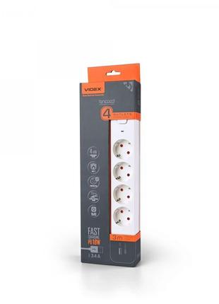 Мережевий подовжувач videx oncord з/з 4п 3м (3x1.5мм) 3.4а usb...