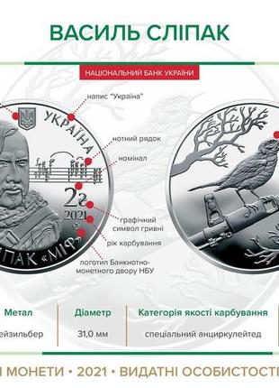 Монета україна 2 гривні, 2021 року, василь сліпак3 фото