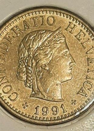 Монета швейцария 5 раппенов, 1991 года1 фото
