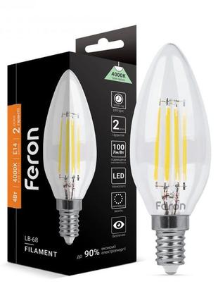 Світлодіодна лампа feron lb-68 4w e14 4000k філамент свічка