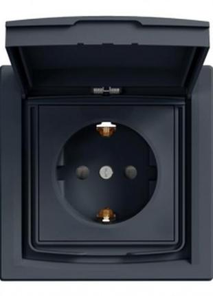 Розетка з заземленням шторками і захисною кришкою ip44 антраци...