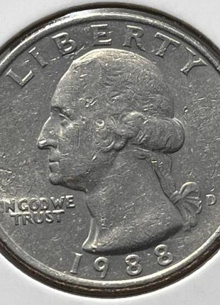 Монета сша ¼ долара,1988 року, чверть долара, мітка монетного двору "d" - денвер