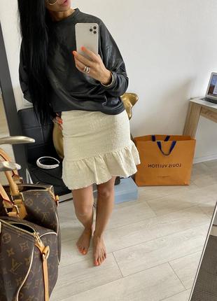 Бежевая молочная крутая мягкая юбка хлопок шерсть с воланом баской mango5 фото