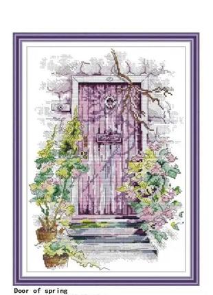 Набір для вишивання весна та двері за нанесеною схемою "весна",канва 11ст, розмір 29x20,5, набір для рукоділля