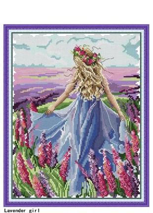 Набір для вишивання за схемою дівчина та лаванда,канва 11ст, розмір 34,5х29, набір для вишивання лаванда