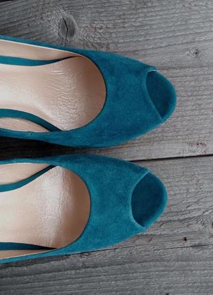 Синие бирюзовые туфли босоножки замшевые кожаные на среднем каблуке лодочки открытый носок4 фото