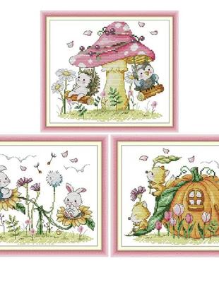 Набір із 3 картин для вишивання зайчики, гарбуз, грибочок за нанесеною схемою,канва 11ст, розмір 22х18,5