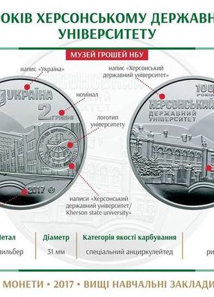 Монета україна 2 гривні, 2017 року, "100 років херсонському державному університету"5 фото