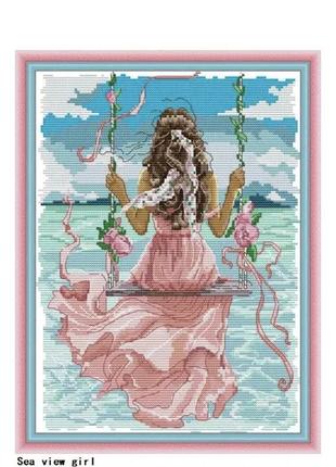 Набір для вишивання за схемою дівчина та море,канва 11ст, розмір 34,5х29, набір для вишивання лаванда